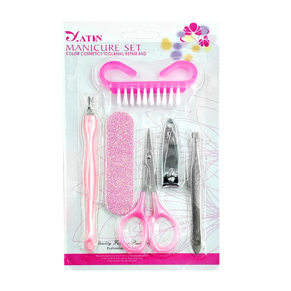Juego de manicura con cepillo, lima, cortauñas, tijeras, pinzas para ceja y removedor de cutícula, variedad de colores / yatin