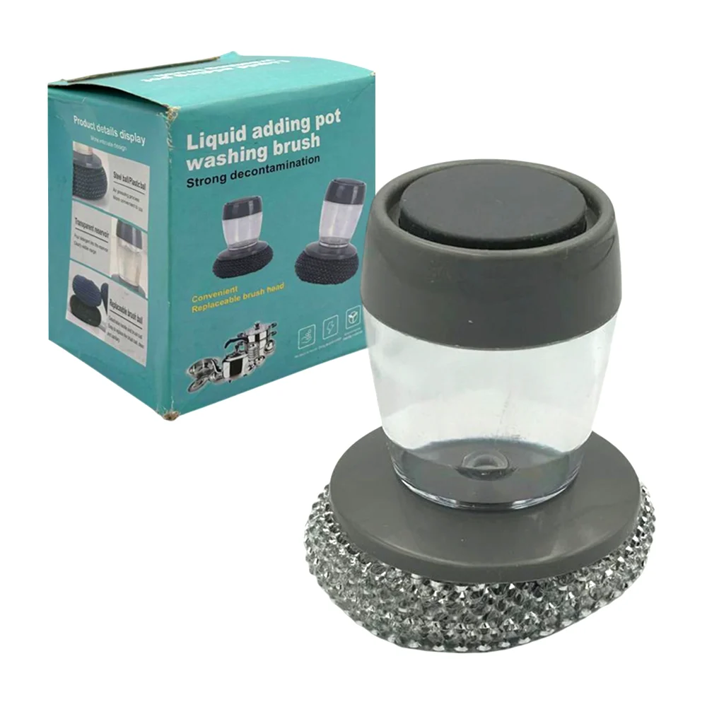 Cepillo fibra de acero para lavar ollas, con depósito transparente para jabón líquido / washing brush / hd-7056