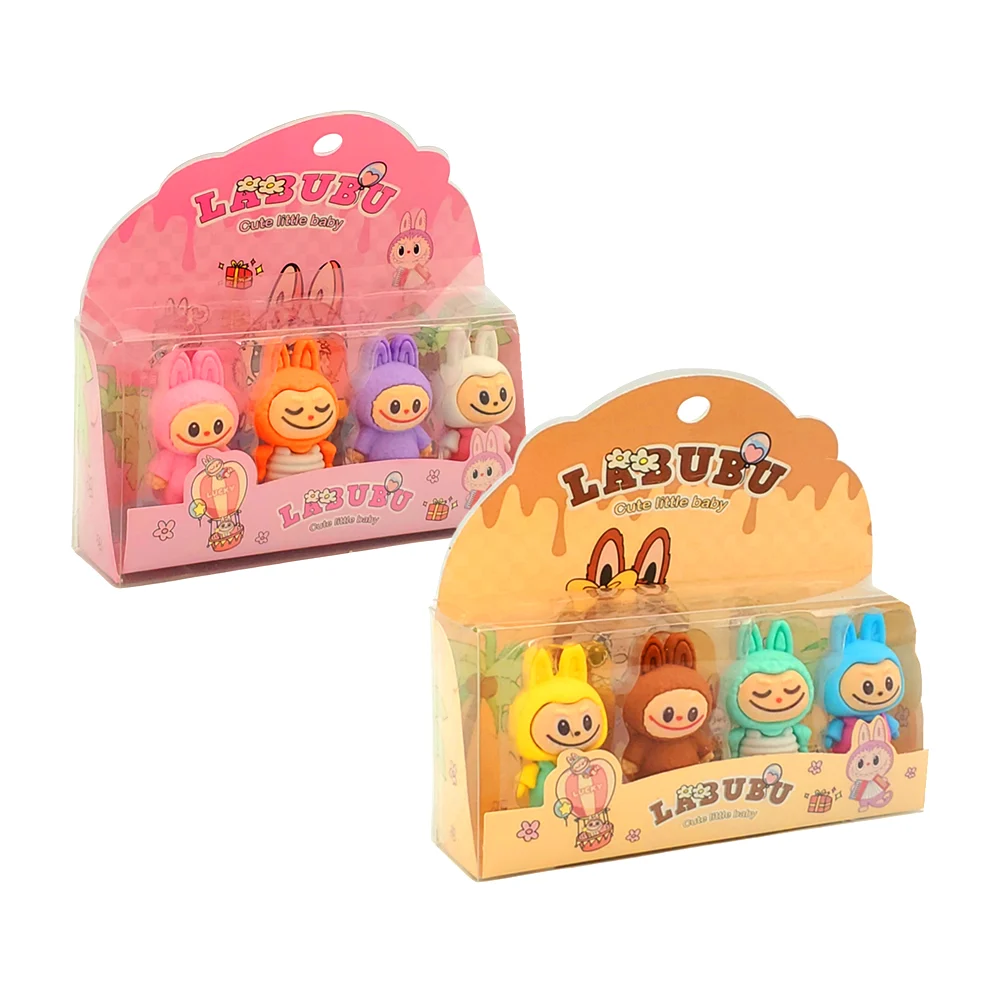 Caja con 4 borradores de goma escolares en forma de labubu, variedad de diseños y colores / hf-21-1 / cute little baby