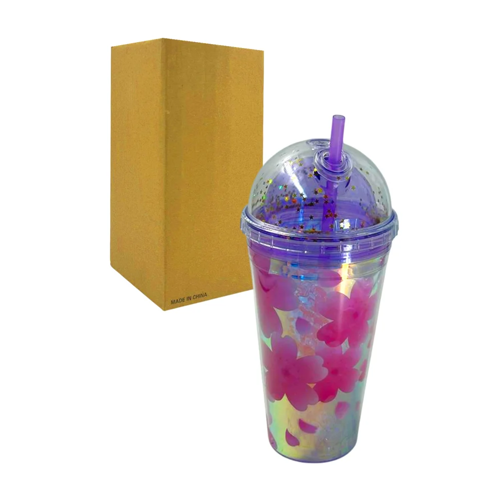 Vaso de acrílico con capacidad de 450ml, efecto tipo hielo y estampado de flores + tapa domo con popote, variedad de colores / 200164