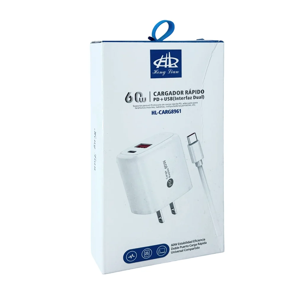 Combo cargador con cable entrada tipo c, carga rápida 60w, interfaz dual / hl-carg8961