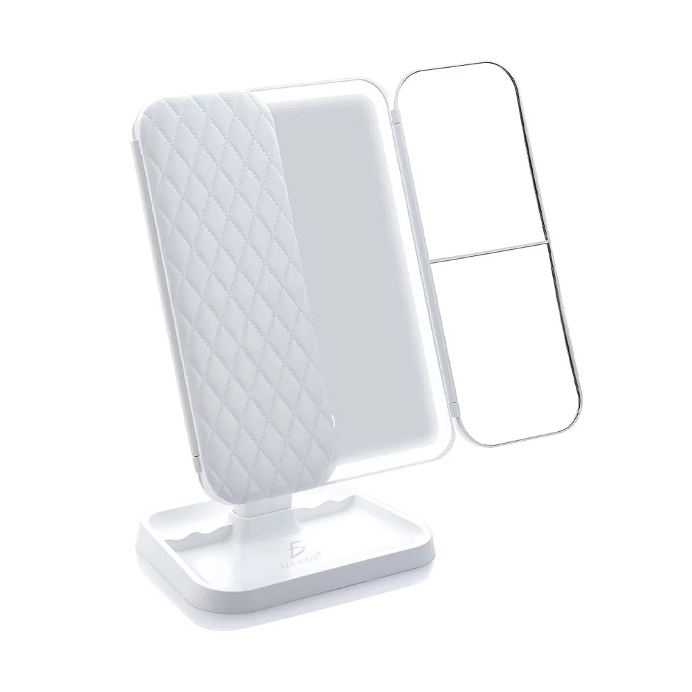 Espejo de maquillaje plegable tríptico con diferentes aumentos, luz led y base