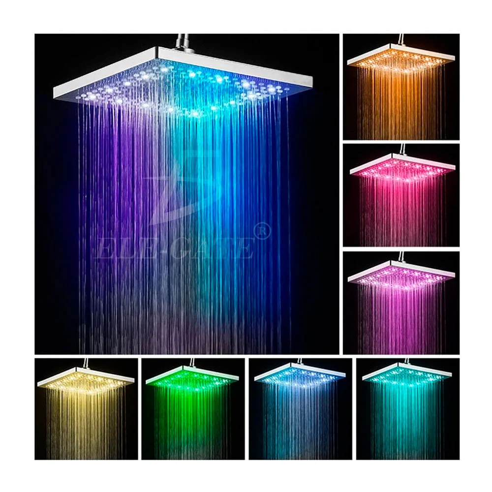 Cabezal de regadera en forma cuadrada con sensor de temperatura y luces rgb