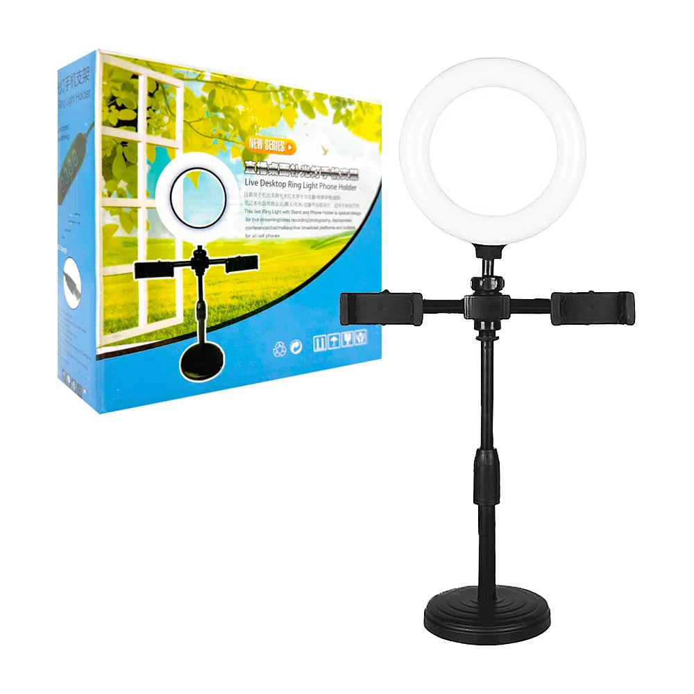 Aro de luz portatil chico de 6 pulgadas con soporte y 2 garras para celular / live desktop ring light phone holder / hx-06