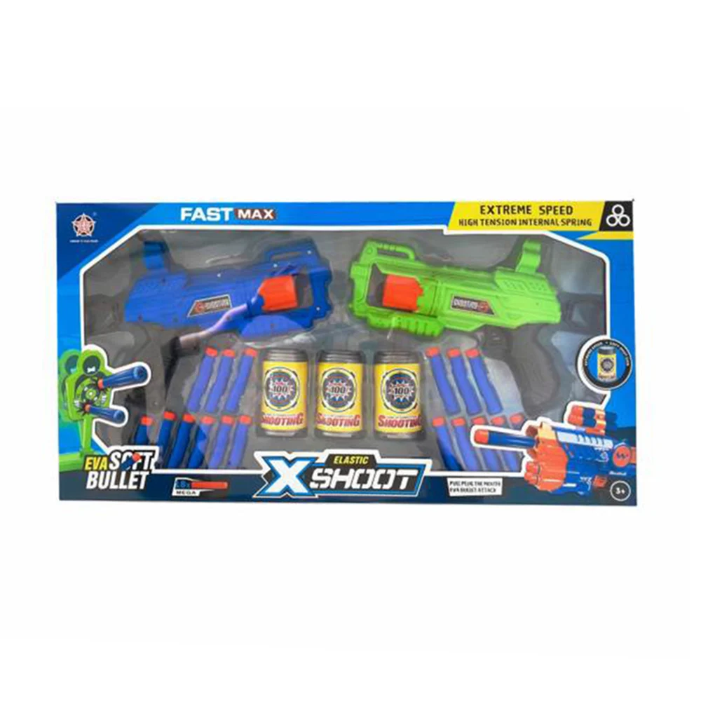 Caja con 2 pistolas lanza dardos + 3 latas y 18 dardos de juguete, variedad de colores / elastic xshoot / hy6020-1