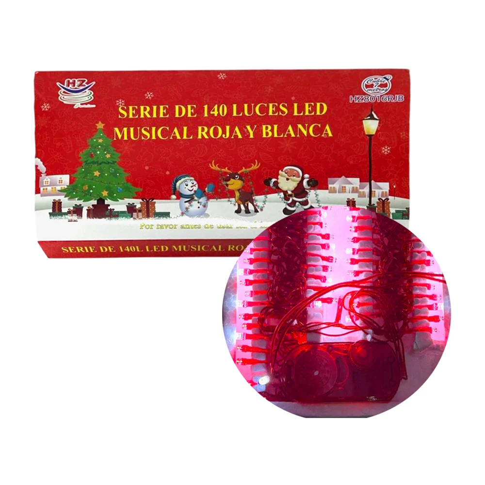 Serie musical de cable rojo de 7 metros con 140 luces navideñas en color roja y blanca / hz8016rjb