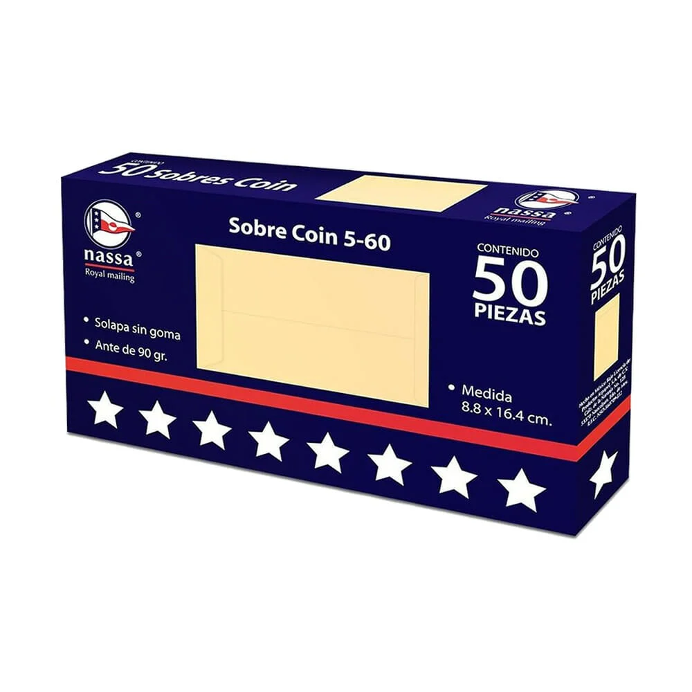 Caja con 50 sobres coin rectangulares de solapa engomada, 8.8x16.4cm / bc0731