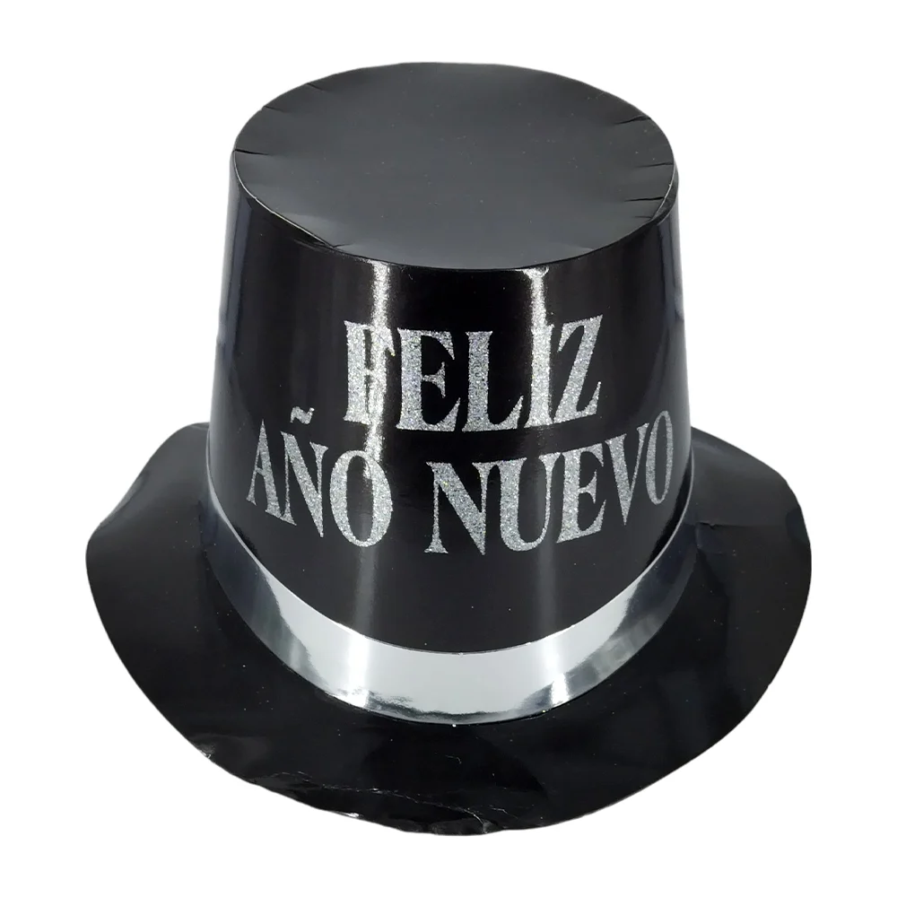 1pza Sombrero de cartulina en color negro con banda color metálico y frase de feliz año nuevo / bt-1425
