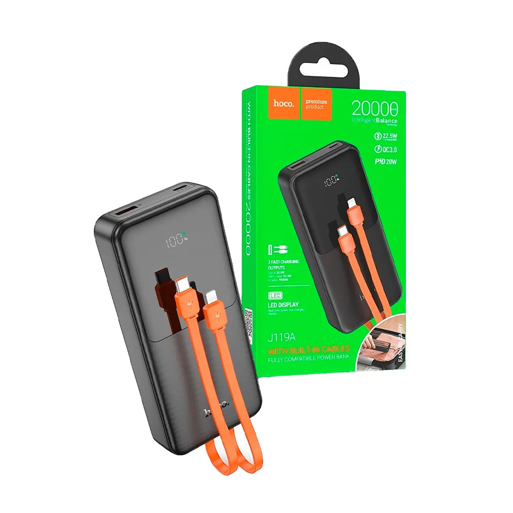 Power bank batería portátil de 20000mAh con carga rápida de 22.5w + pd20w, pantalla led indicadora de batería, puertos usb y tipo c + cable tipo c y lightning / j119a