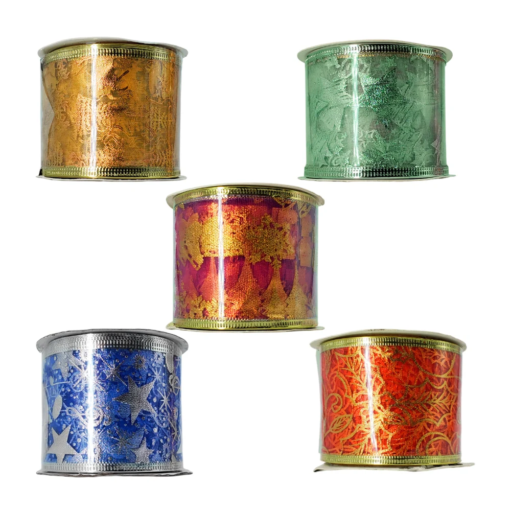 1pza Rollo de listón navideño de organza con diseño estampado de diamantina y orilla de alambre 3.5cm x 2.7m, variedad de colores / j3502