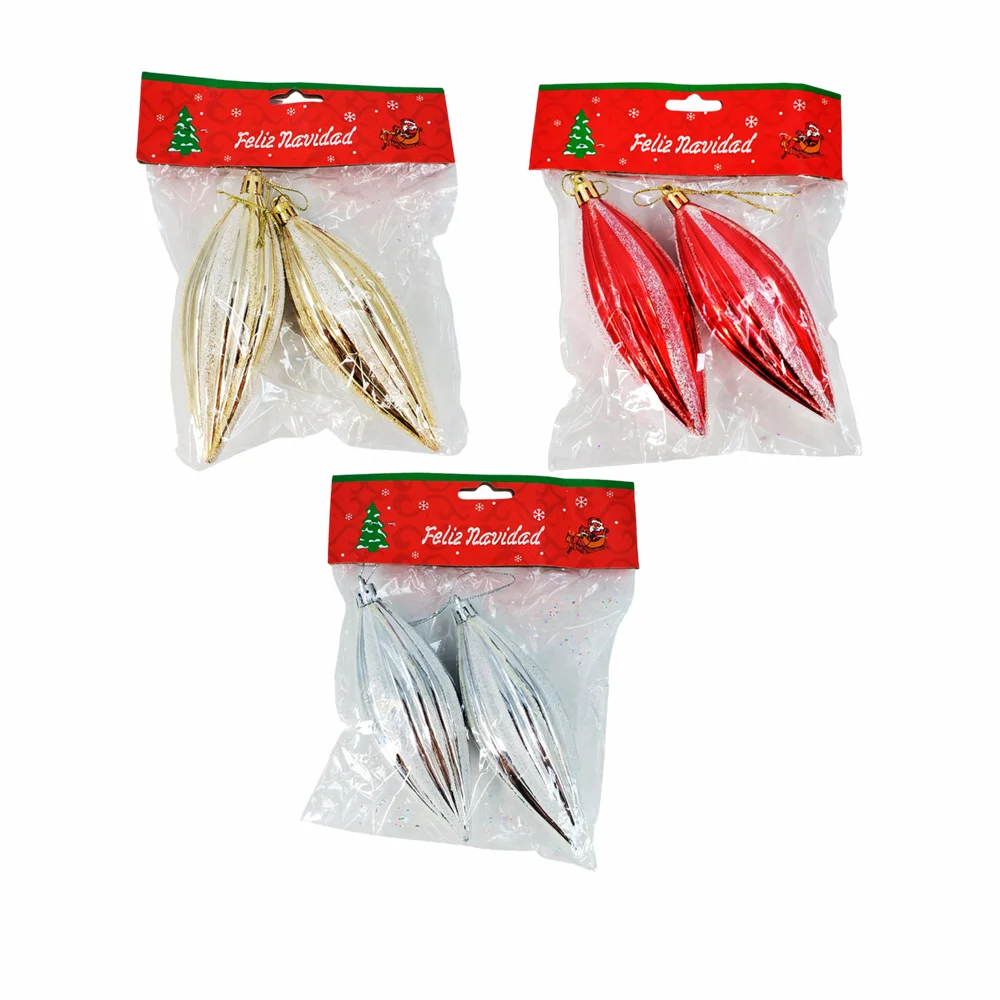 Paquete con 2 esferas con diseño alargado en tonos metálicos con diamantina 13.5cm, variedad de colores / feliz navidad