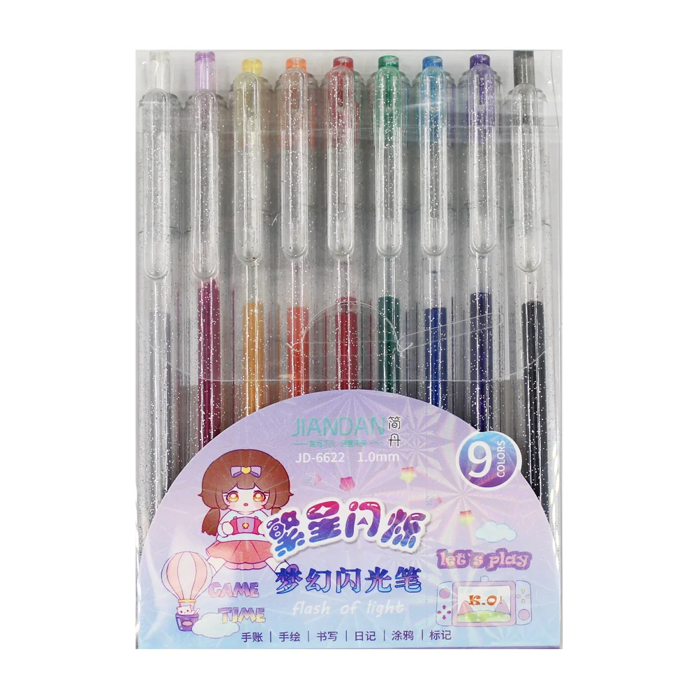 Paquete 9 plumas bolígrafos retráctiles de colores con glitter, variedad de colores / jd-6622