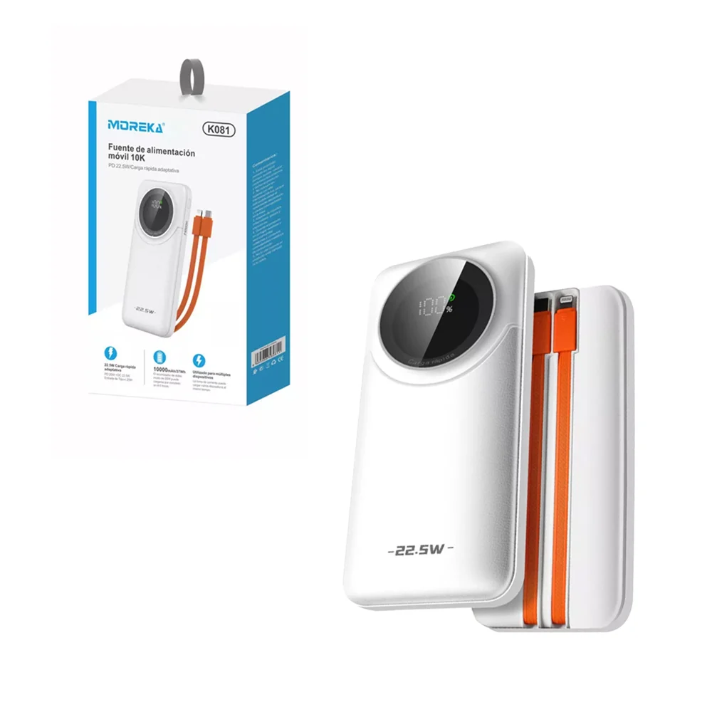 Power bank / batería portátil moreka con pantalla digital, 2 puertos usb y tipo c + cable tipo c y lightning, 10000mah / k081