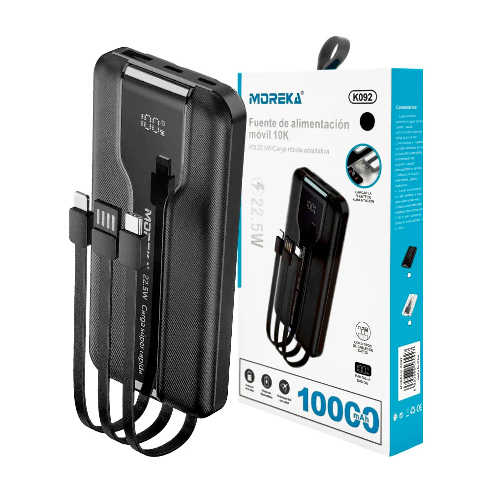 Power bank moreka con pantalla led indicadora de 10000mah con potencia para carga rápida, salidas usb, usb-c y lightning / k092