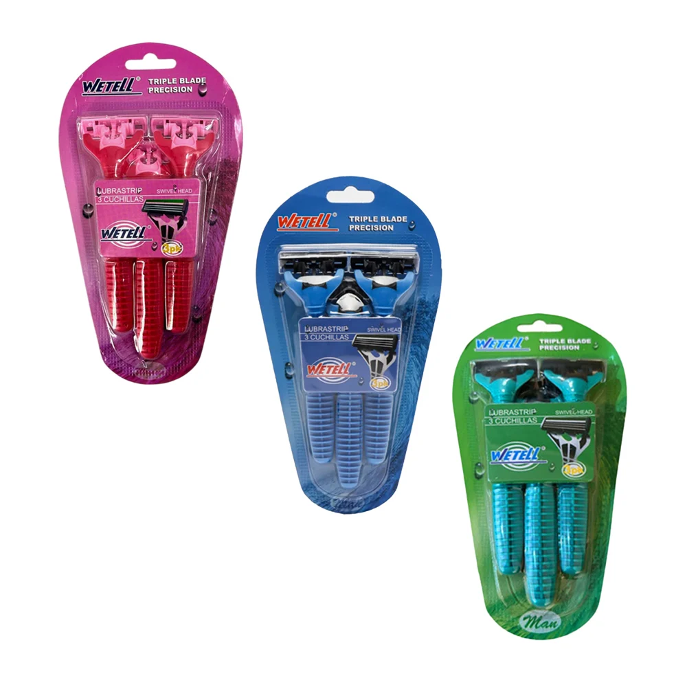 Blíster con 3 rastrillos desechables de triple navaja, variedad de colores / wetell / wt201925 / k111