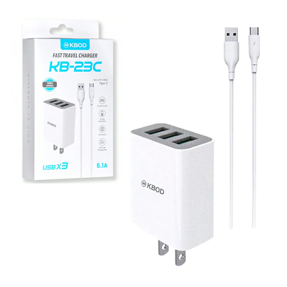 Combo cargador kbod de carga rápida, con cubo cargador de triple entrada y cable de carga de salida tipo c, variedad de funciones / 5.1a / kbod / kb-23c