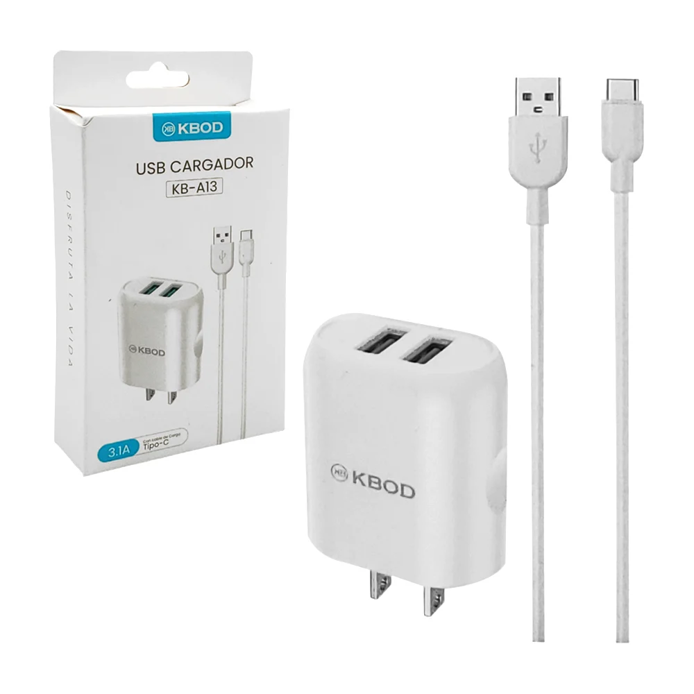 Combo cargador kbod con cubo cargador de doble entrada y cable de entrada usb a tipo c, variedad de usos / 3.1a / usb cargador / kbod