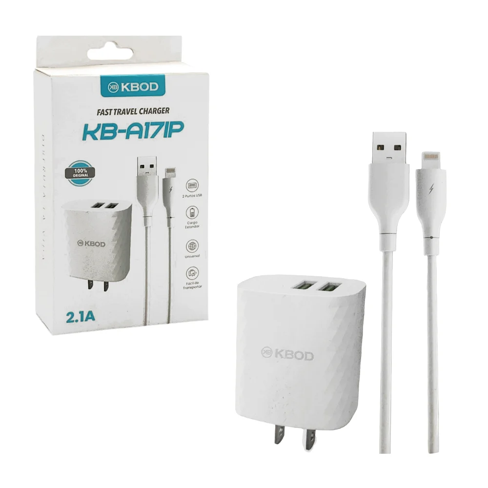 Combo cargador kbod de carga rápida, con cubo cargador de doble entrada y cable de carga de salida lightning, variedad de funciones / 2.1a / kbod / kb-a17ip