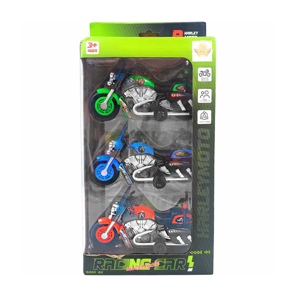 Paquete con 3 motocicletas de juguete con diseño de policia, variedad de modelos / harley moto / racing car / 9868-10
