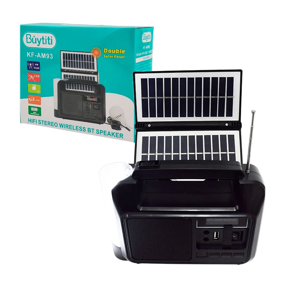 Radio bocina portátil buytiti recargable con panel solar doble, lámpara, ranura para usb y tf + foco led / kf-am93
