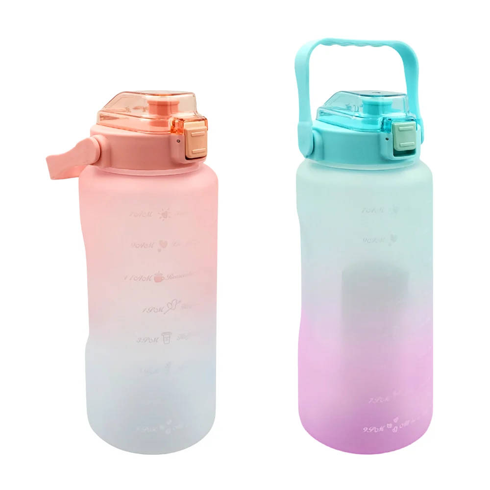Botella de plástico bicolor motivacional personalizable con stickers, popote y capacidad de 2000ml / kl-091