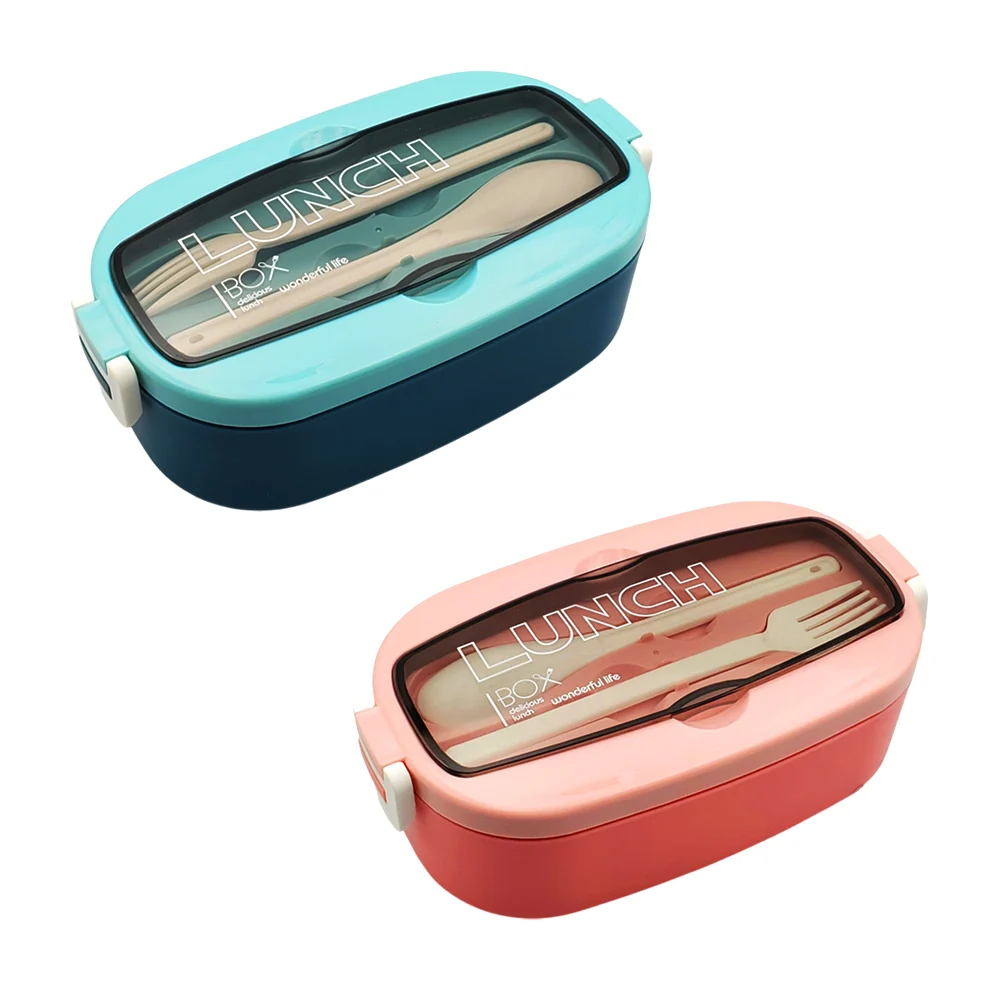 Tupper ovalado de plástico con 2 compartimientos y cubiertos, variedad de colores / lunch box / kl-364