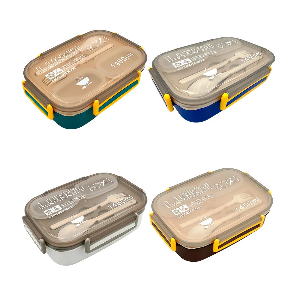 Tupper rectangular lunch box con 3 compartimientos, 2 mini recipientes, cubiertos y capacidad de 1450ml, variedad de colores / kl-391 / kl-392