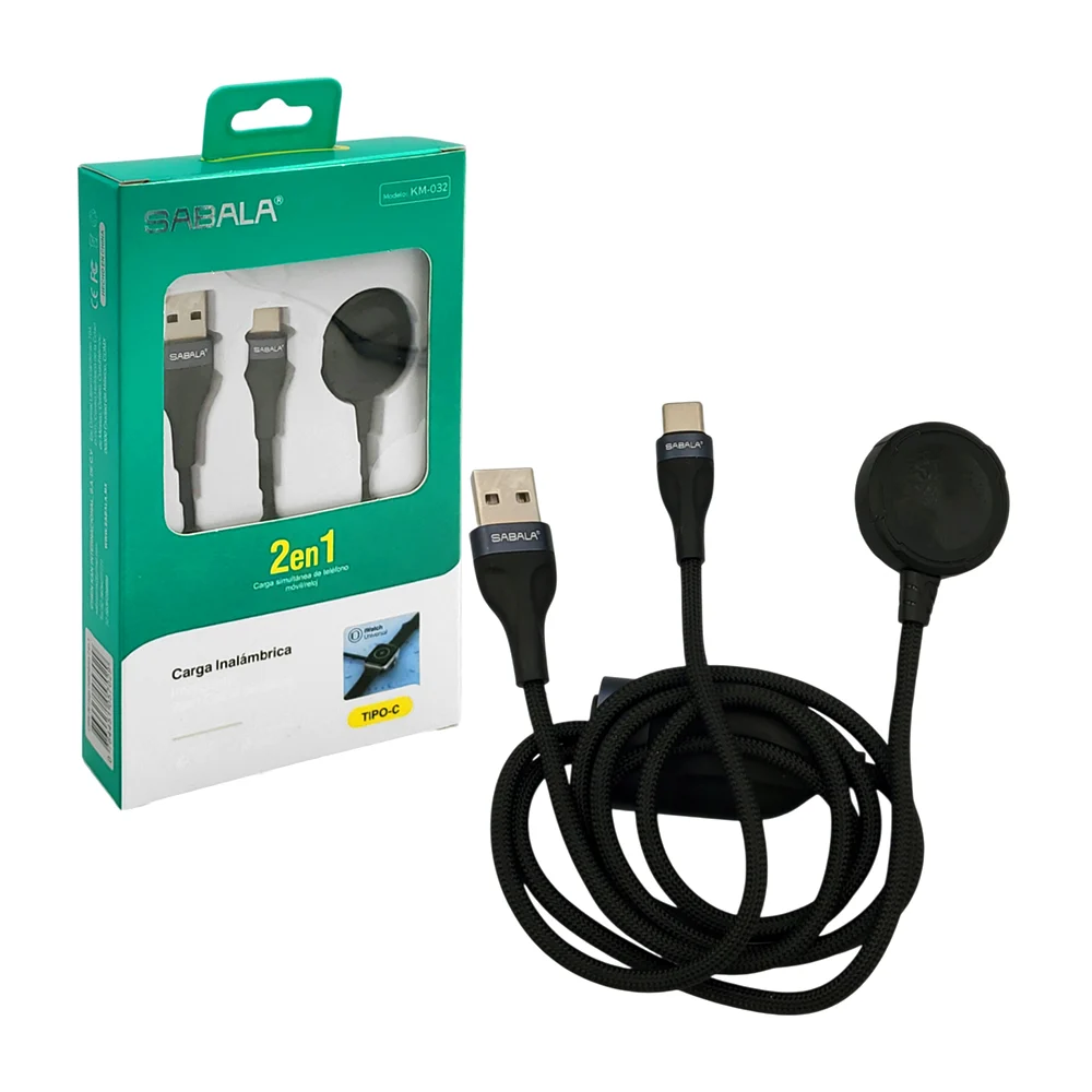 1pza Cable cargador inalámbrico para smartwatch, con dos salidas a usb y tipo c, y cable mallado, variedad de usos / sabala / km-032