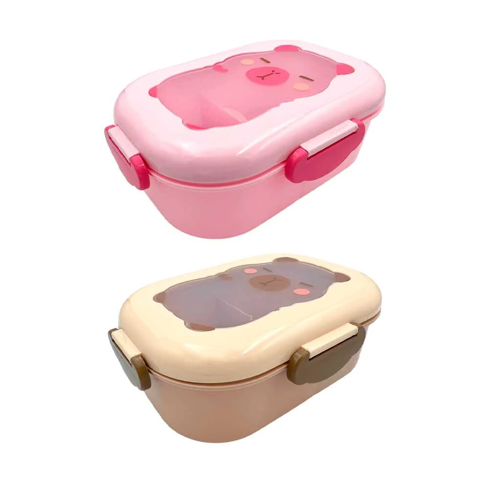 Tupper rectangular de plástico con 2 compartimentos, cubierto y estampado de capibara, variedad de colores / kpbl-011