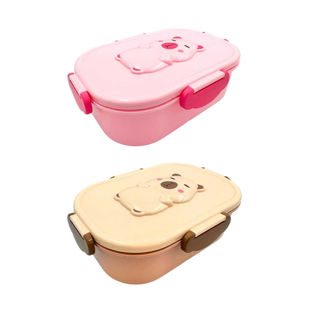 Tupper rectangular de plástico con 2 compartimentos, cubierto y relieve de capibara, variedad de colores / kpbl-013