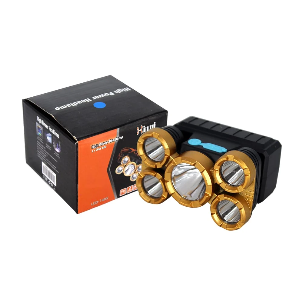 1pza Linterna de frente estilo minero, recargable, con 5 faros led, banda elástica ajustable y modos de iluminación, variedad de funciones / high power headlamp / led-1405