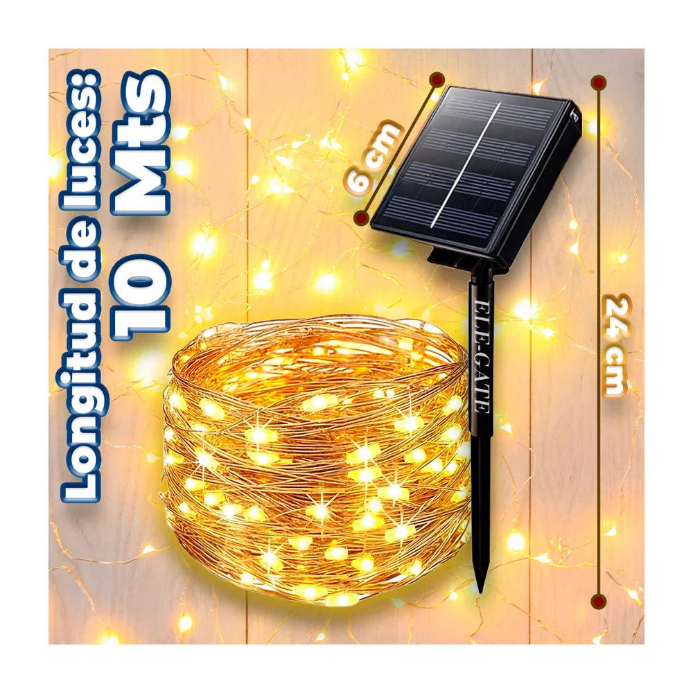 Serie luces led de 10 metros con focos tipo arroz y panel solar para jardín / led.78.10m