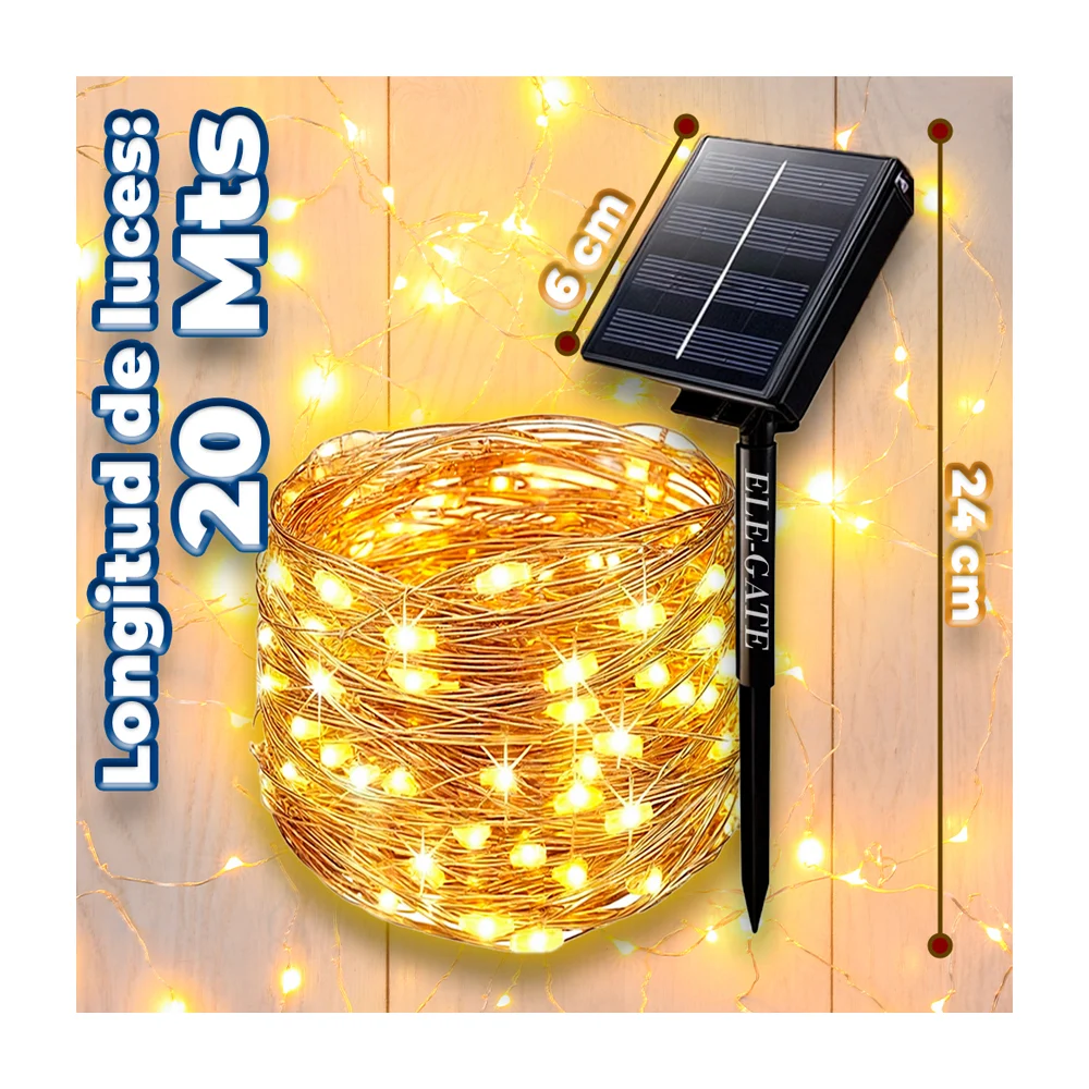 Serie luces led de 20 metros con focos tipo arroz y panel solar para jardín / led.78.20m