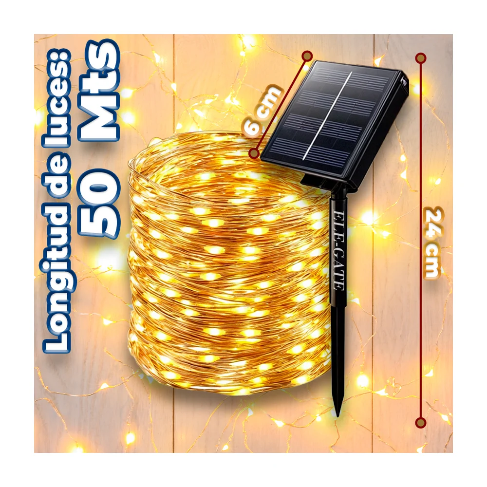 Serie luces led de 50 metros con focos tipo arroz y panel solar para jardín / led.78.50m