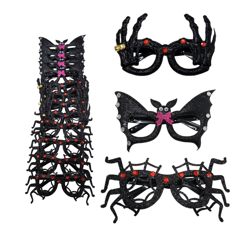 1pza Lentes para fiesta de plástico negro con diseño de murciélago, calavera y araña con pedrería, variedad de diseños