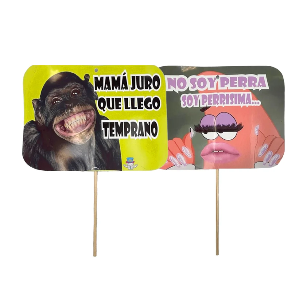 1pza Cartel letrero selfie de papel con frase divertida y palo de madera para fiesta, 19x25cm / la momia