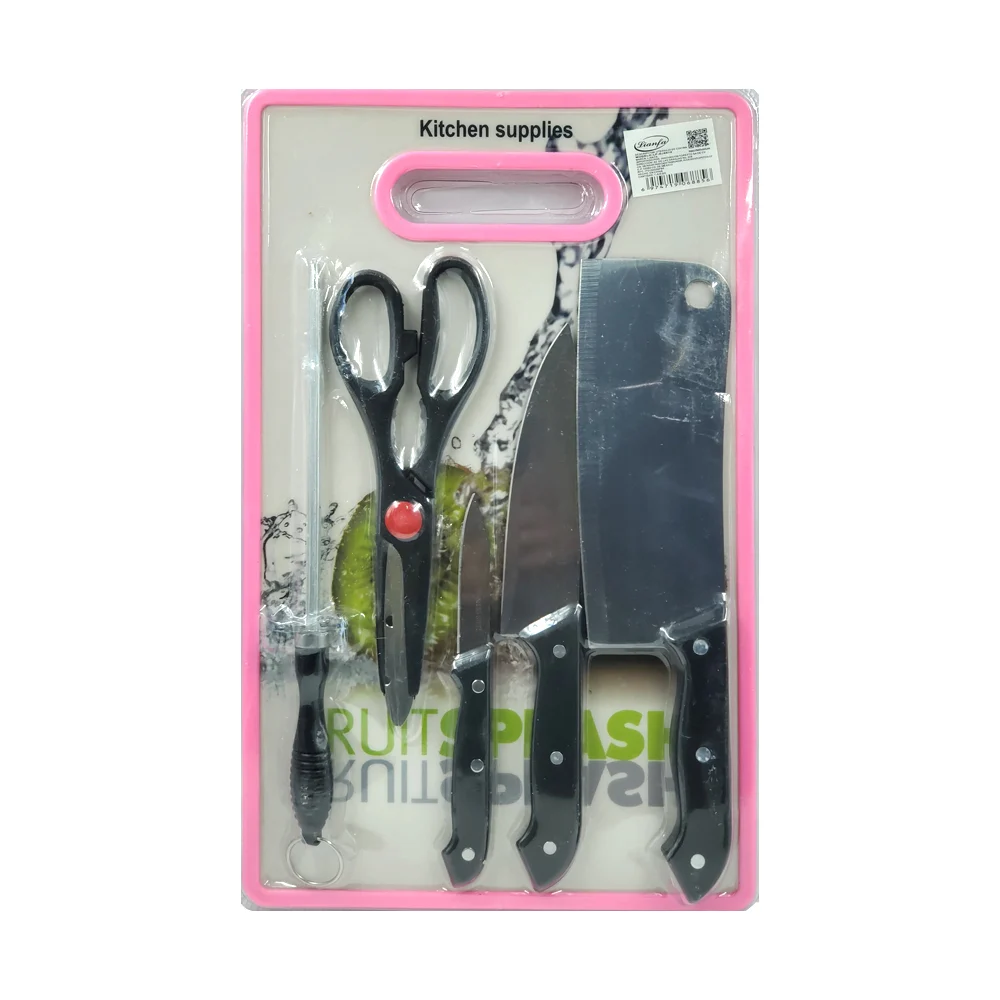 Juego con tabla para picar de plástico + 3 cuchillos, tijeras y chaira, variedad de colores / kitchen supplies / lf-gj9670