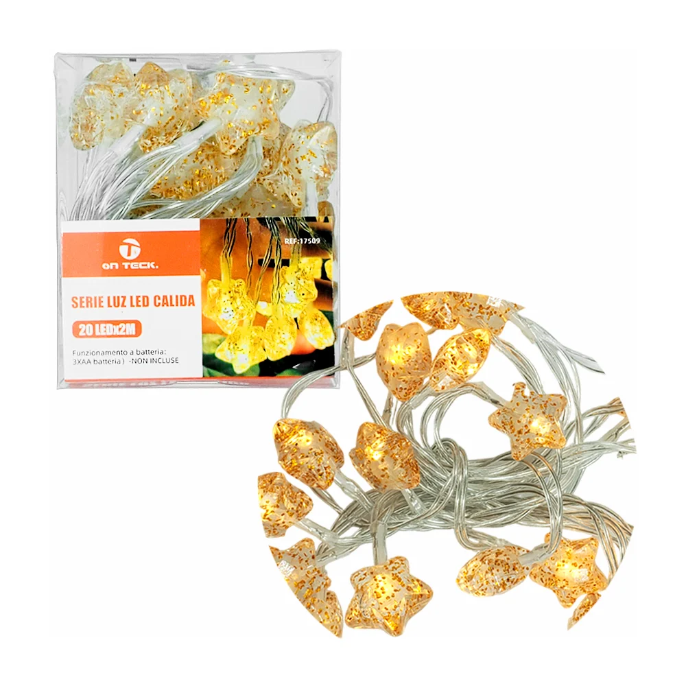Serie luz led cálida on teck de 2 metros y 20 figuras en forma de pequeñas estrellas amarillas con glitter / 17509