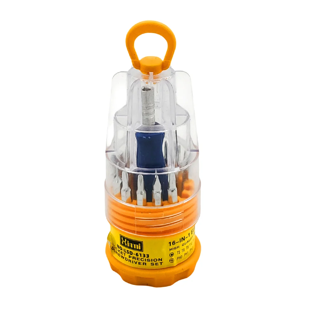 Kit desarmador chico con 15 puntas intercambiables, mango de plástico y cuerpo metálico / lsd-6133