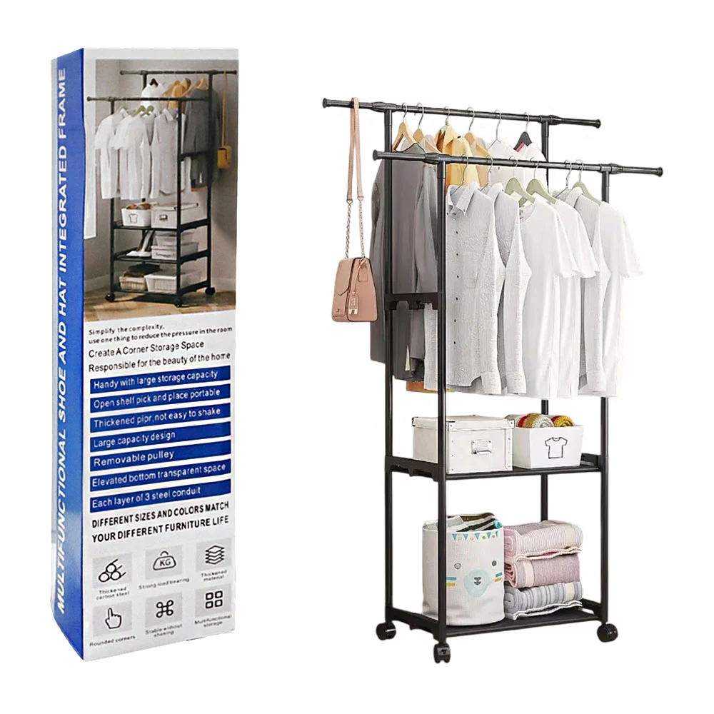 Closet organizador multifuncional con 2 niveles de almacenaje, ruedas y 2 tubos para colgar la ropa / multifunctional shoe and hat integrated frame / lu1191