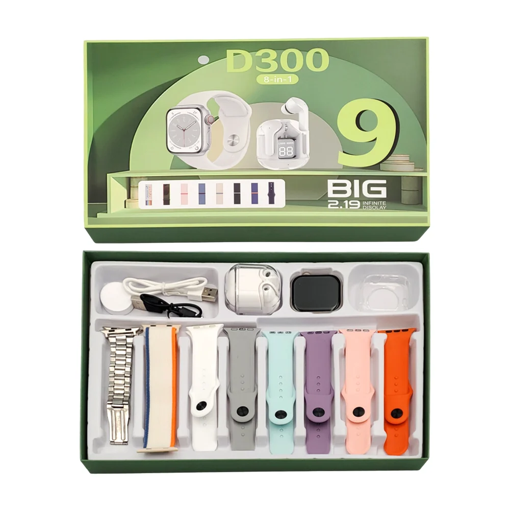Smart watch d300 con 8 correas intercambiables, funda protectora, audífonos inalámbricos y cargador magnético / lu1254