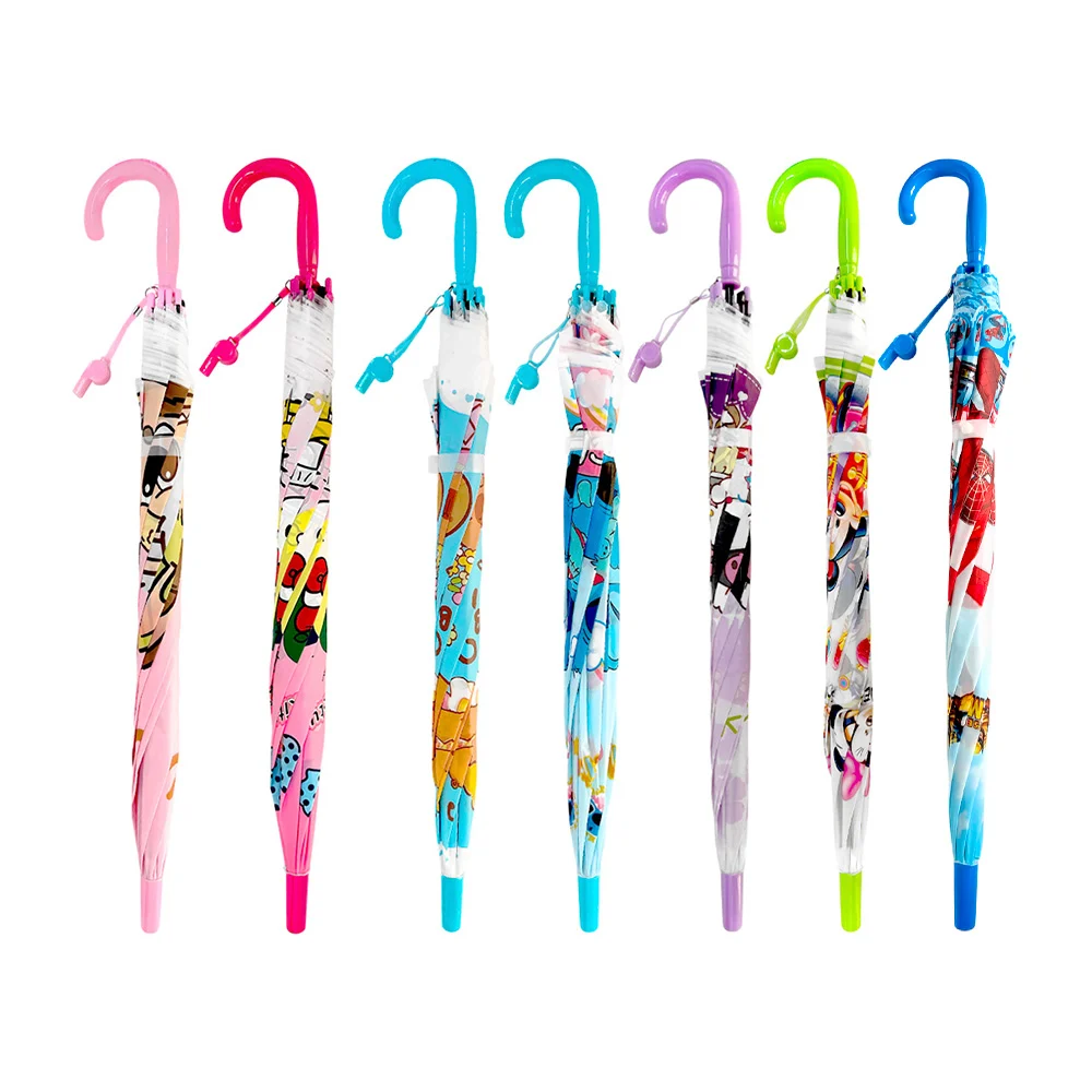 Sombrilla paraguas de plástico con mango de plástico, silbato y estampado de personajes animados, variedad de diseños / lu1354
