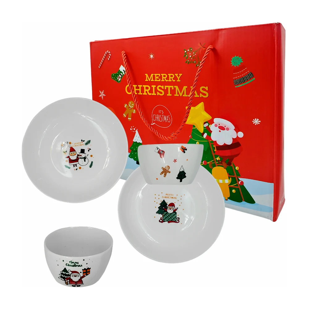 Set 2 platos y 2 tazones bowls de cerámica con estampado navideño / merry christmas / lu3147