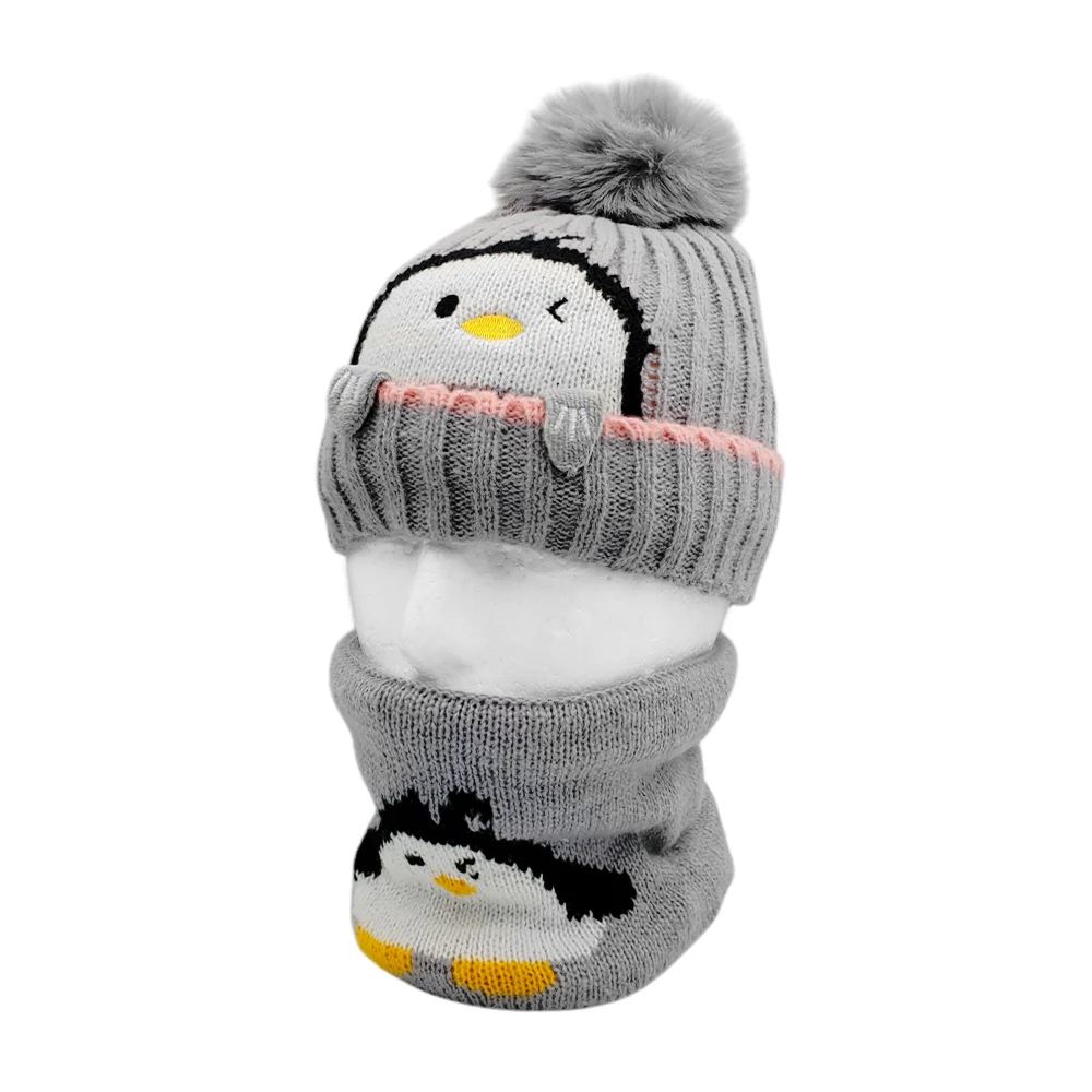 Juego de gorro y bufanda tipo collarín infantil afelpado con diseño de pingüino, variedad de colores