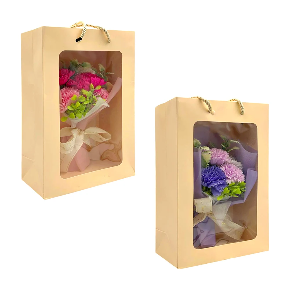 Caja rectangular tipo bolsa de regalo con ramo de 5 flores artificiales y listón, 27x17x9cm, variedad de colores / love you forever