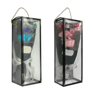 Caja rectangular transparente con cadena, ramo de 2 rosas flores arti…