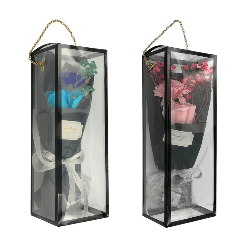 Caja rectangular transparente con cadena, ramo de 2 rosas flores artificiales y tira de luz led, variedad de colores / tank you / lu3907