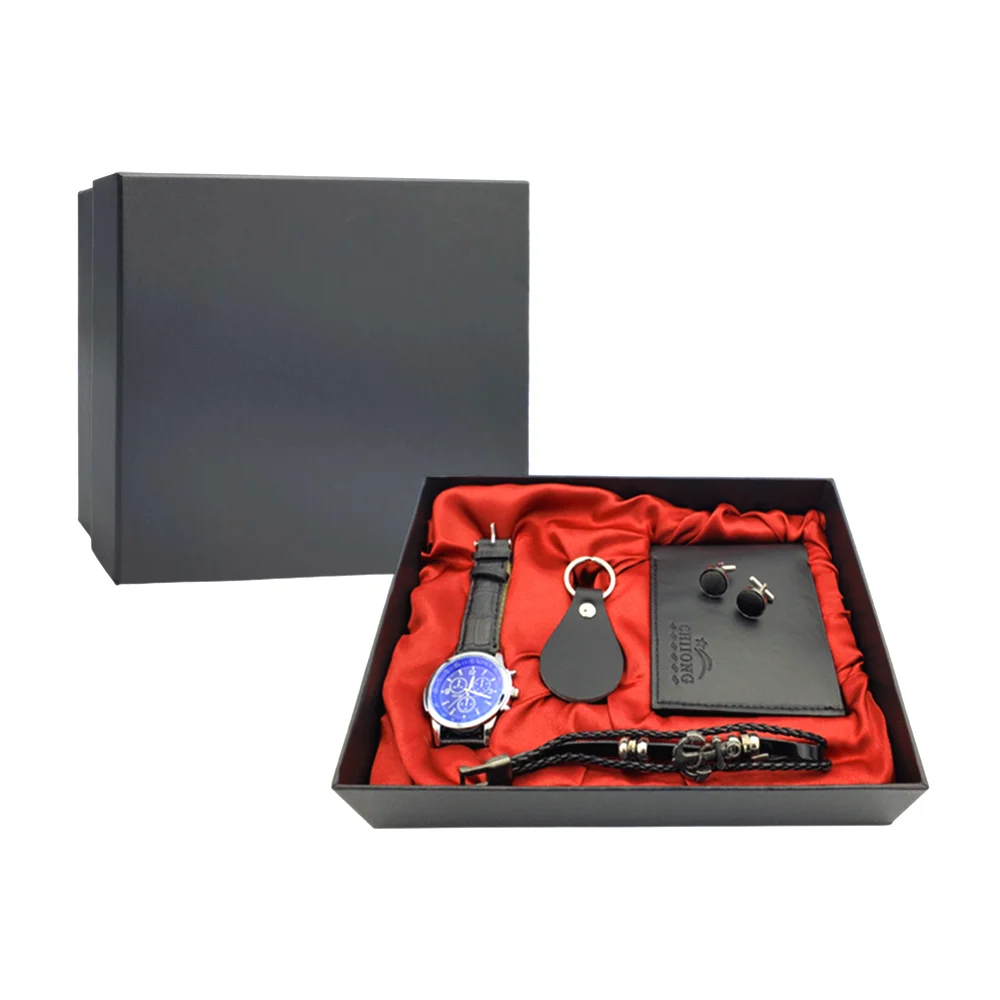 Kit de regalo para caballero, con cartera, reloj de mano, llavero, pulsera y 2 gemelos / lu4056