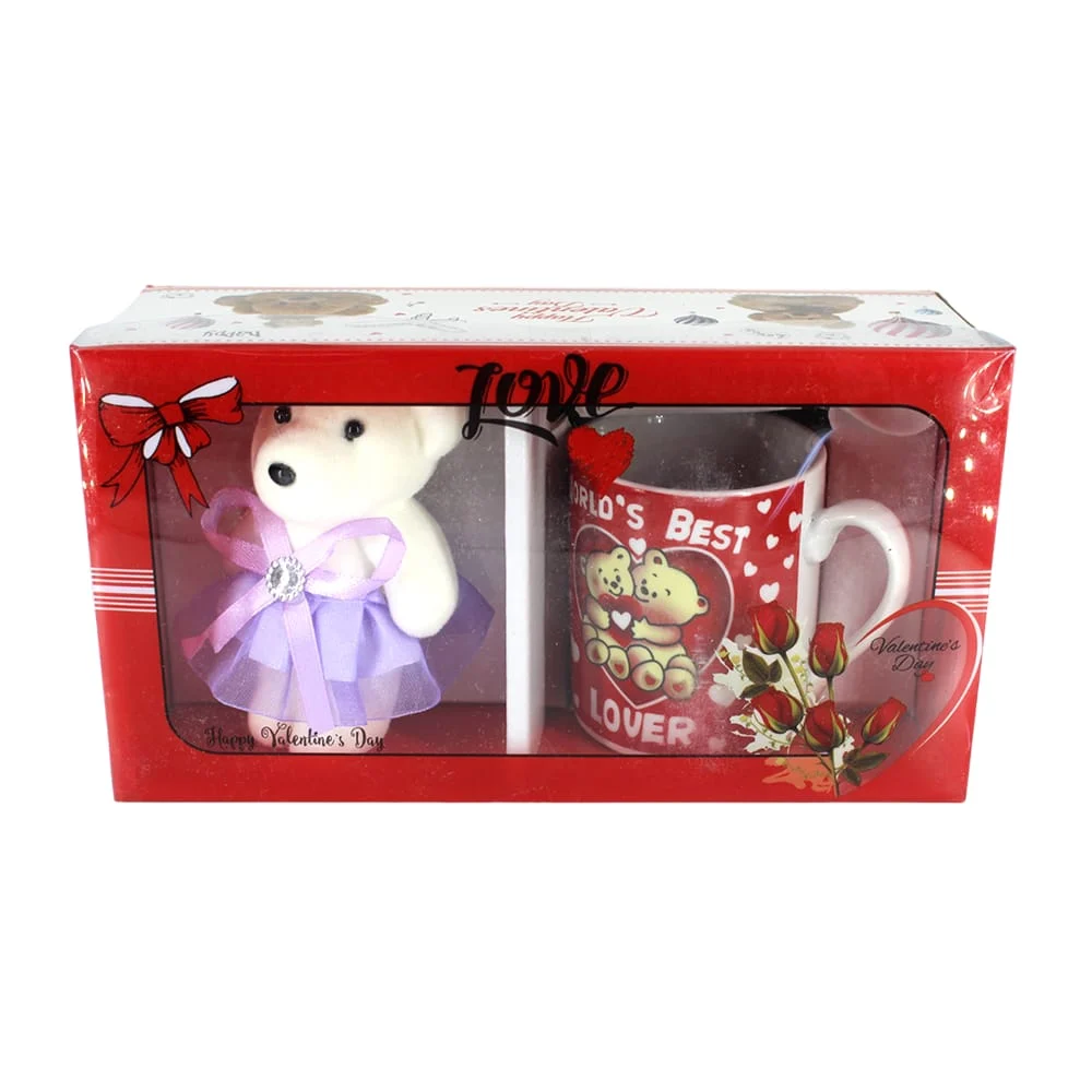Taza de cerámica chica con estampado de corazones y cuchara + mini oso de peluche, variedad de colores / happy valentines day