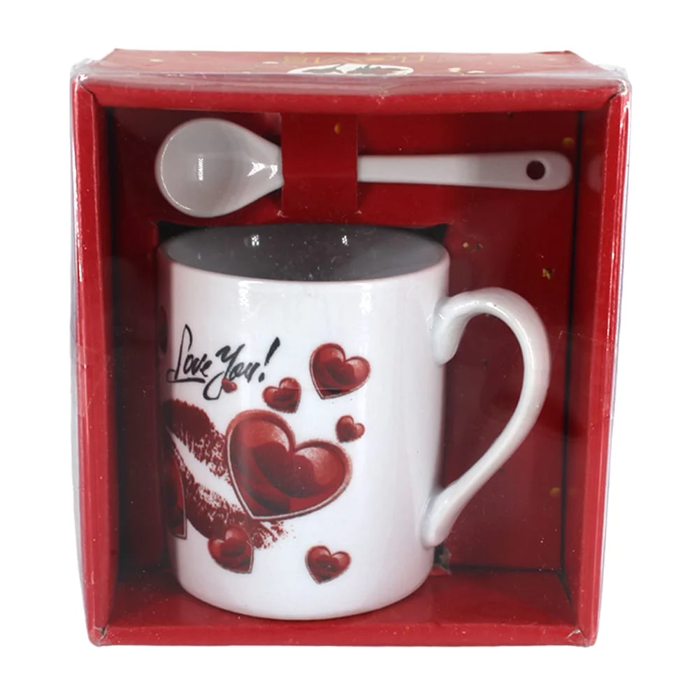 Taza de cerámica con diseño de corazones y besos + cuchara / i love you